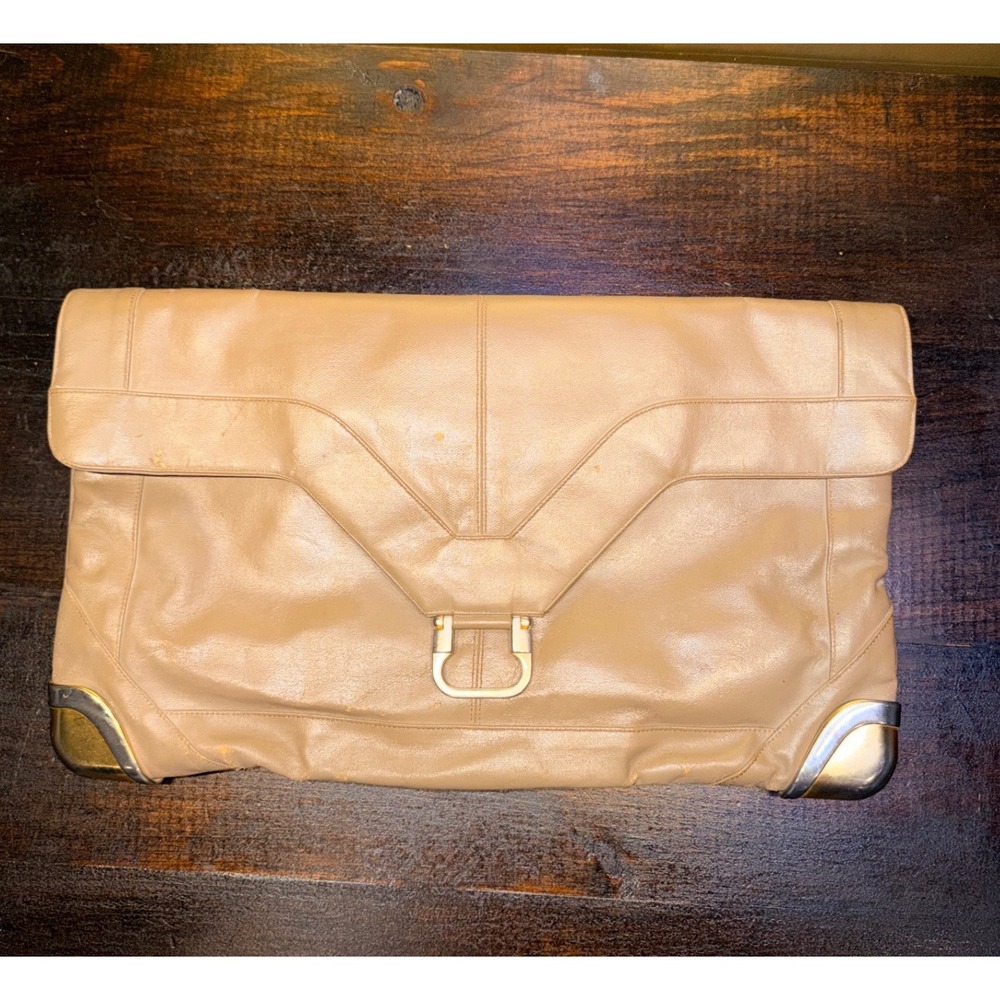 Lou‎ Taylor Tan Leather Oversized Envelope Clutch Bag Italy Oval Lipstick Mirror